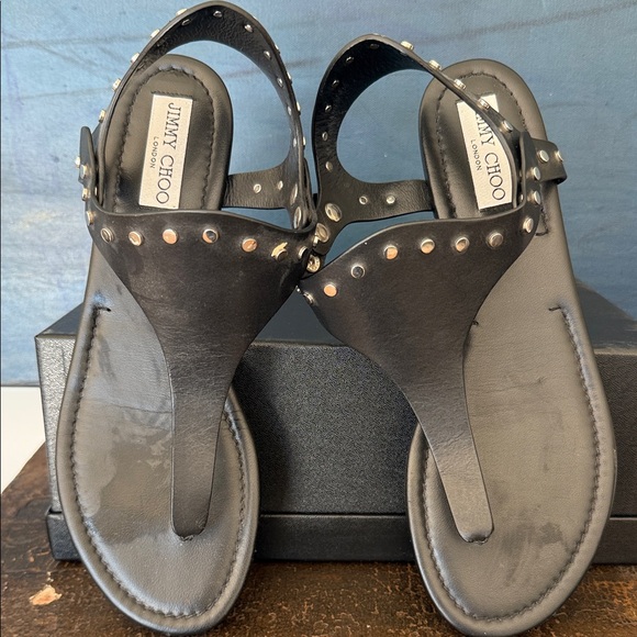 Jimmy Choo Black Leather Sandals with Silver Studs
